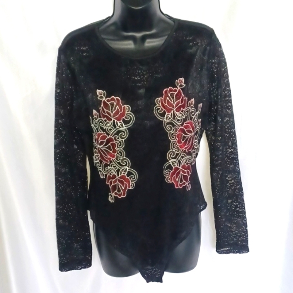 Charlotte Russe Lace see through one piece bodysuit, rose applique
